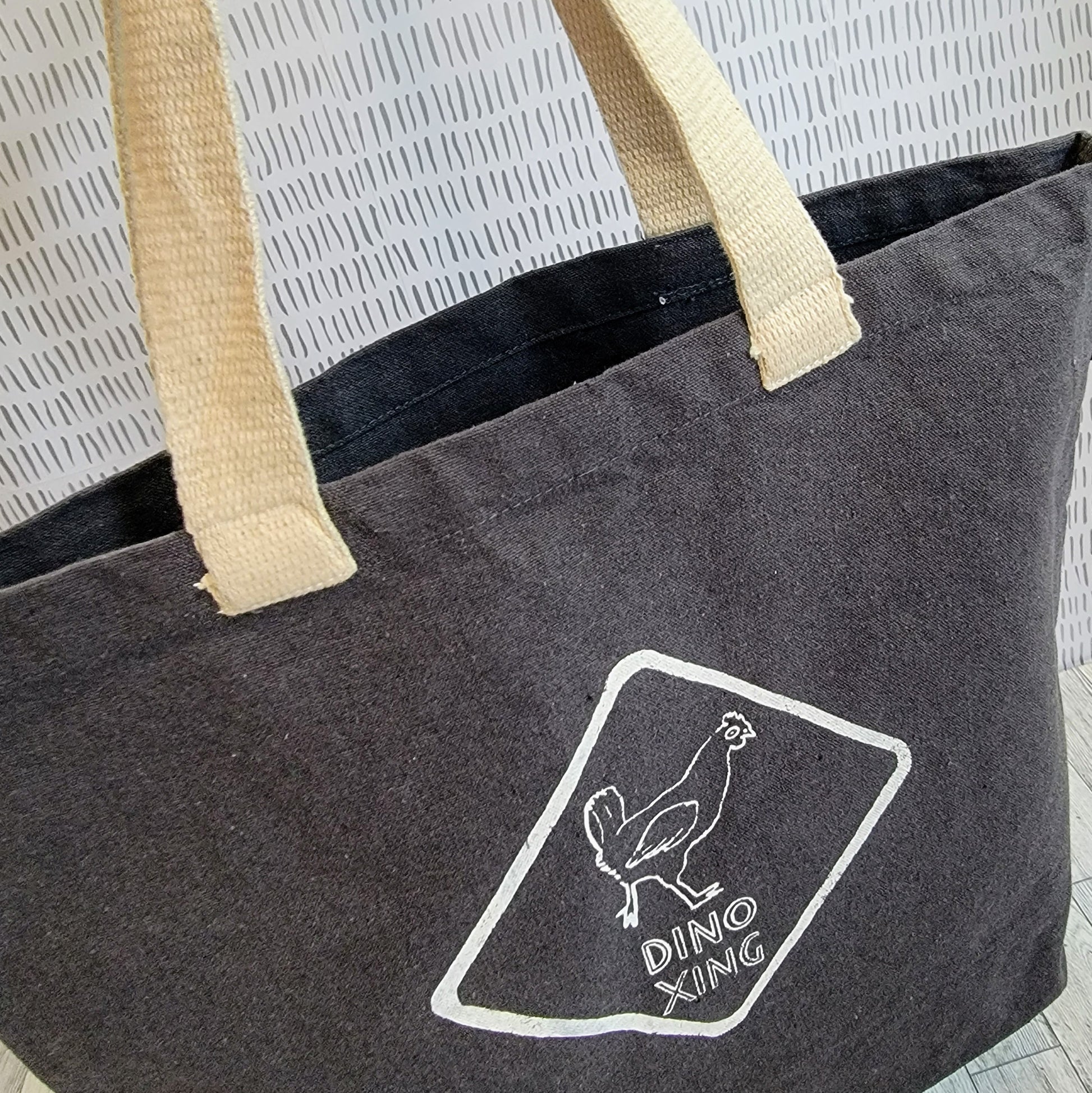 Chicken Dino Crossing Dark Grey Recycled Canvas Tote Bag - Open Bag Shot