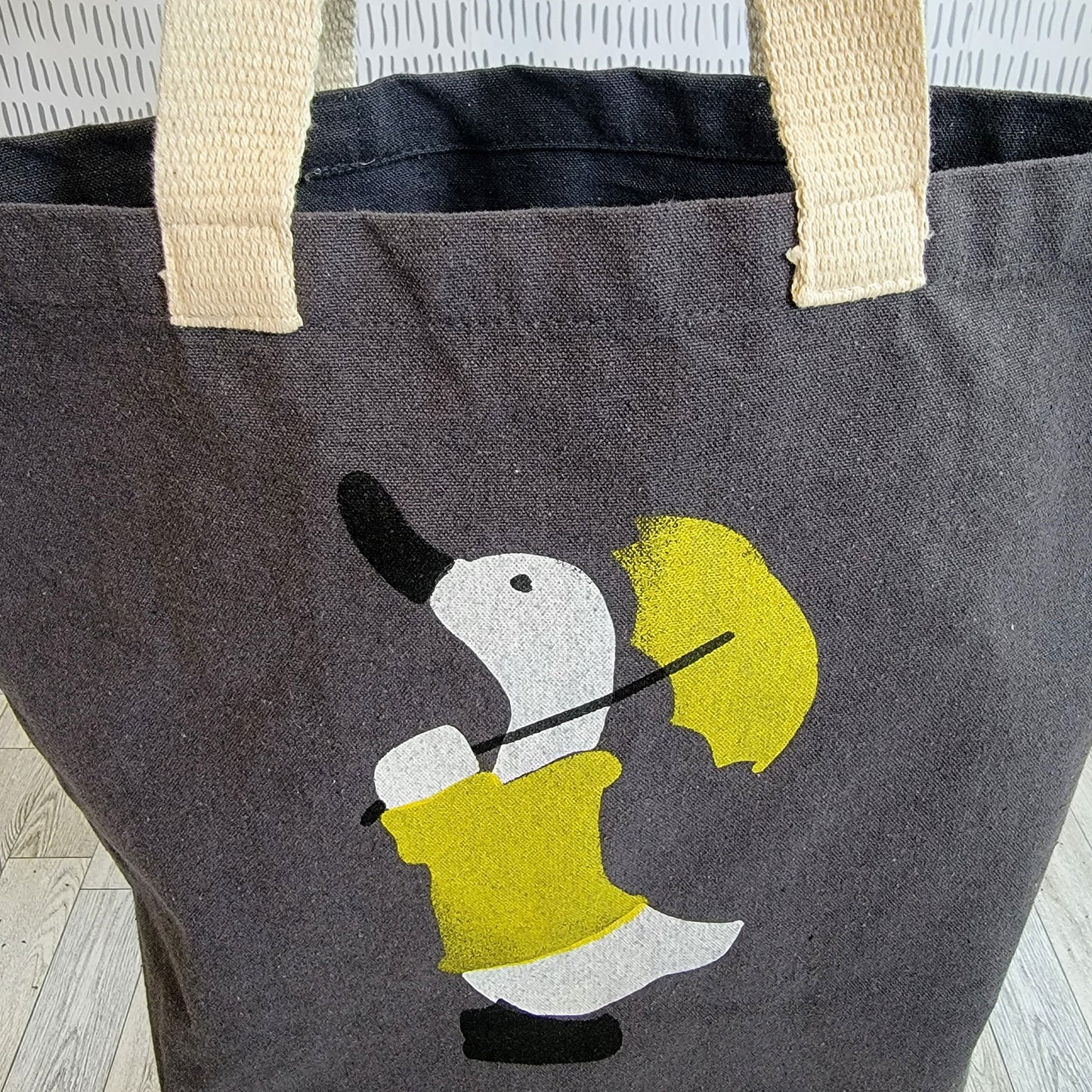 Duck in a Yellow Raincoat with matching Umbrella Dark Grey Recycled Canvas Tote Bag - Opened Bag Shot