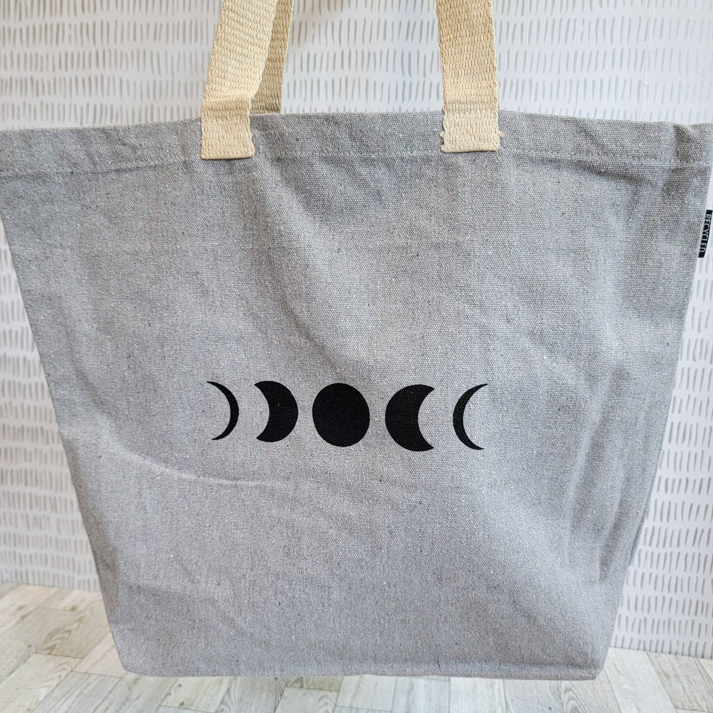 Moon Phases Recycled Canvas Tote Bag - Light Grey with Black Ink - Front Shot