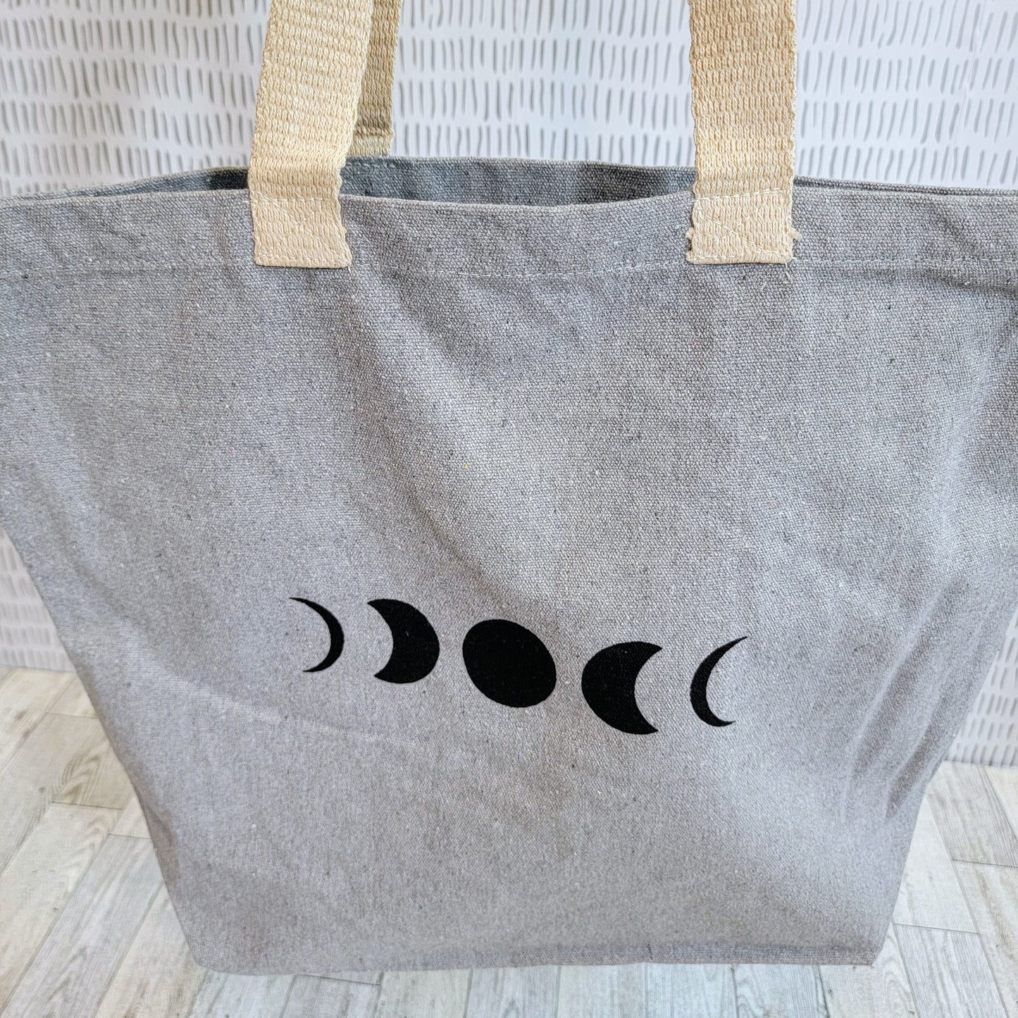 Moon Phases Recycled Canvas Tote Bag - Light Grey with Black Ink - Open Bag Shot