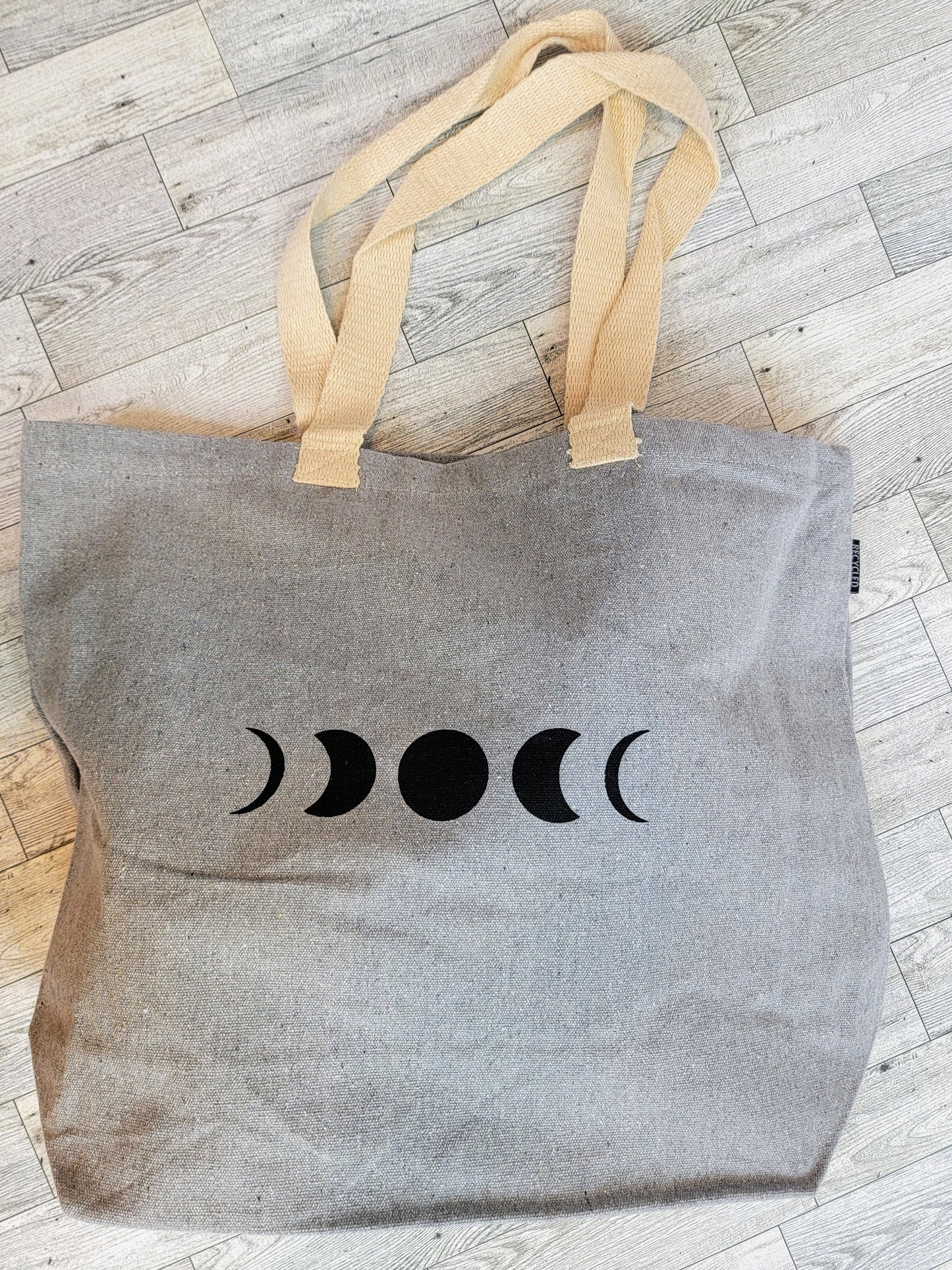 Moon Phases Recycled Canvas Tote Bag - Light Grey with Black Ink - Overhead Shot