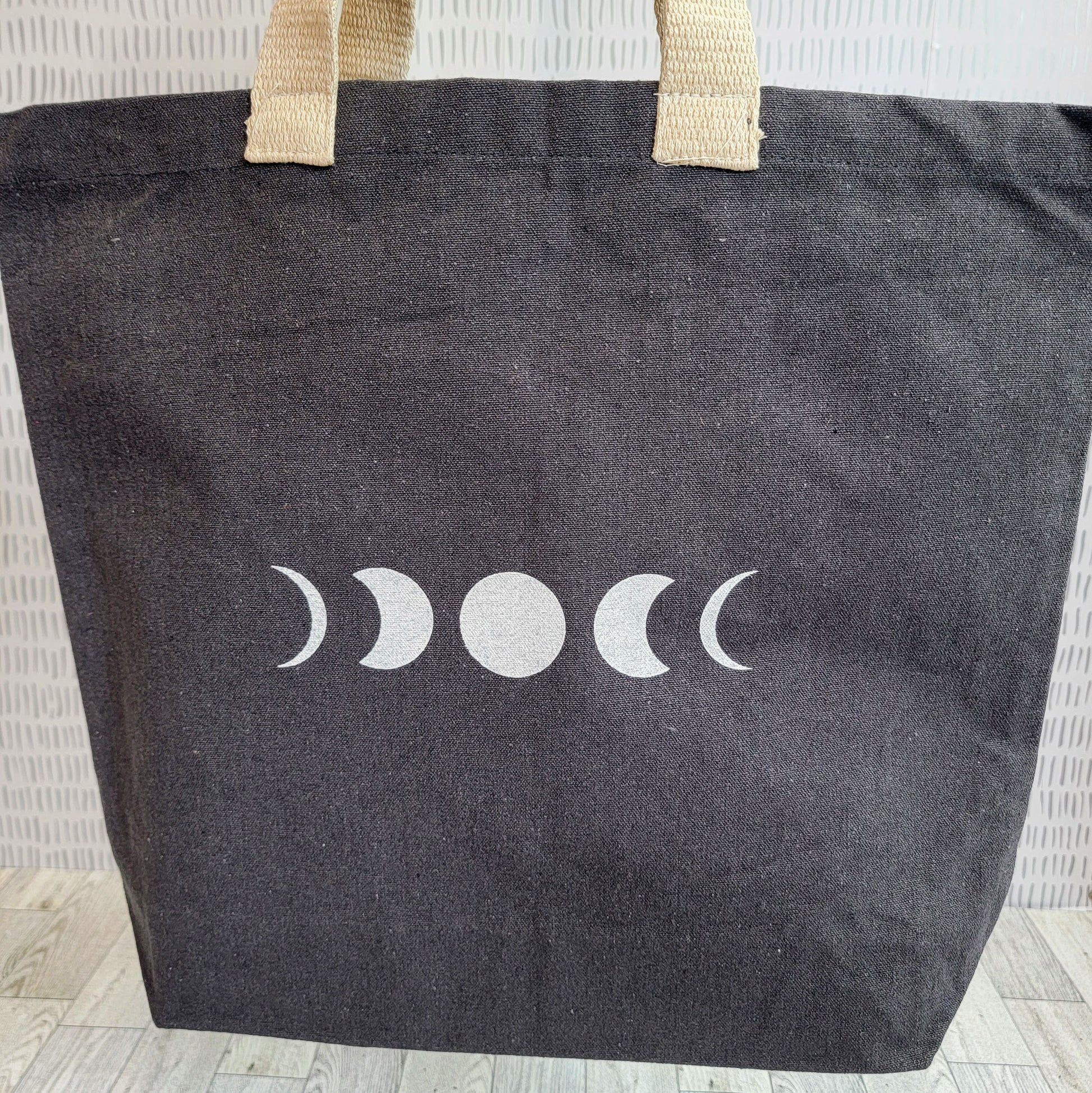 Moon Phases Recycled Canvas Tote Bag - Dark Grey with White Ink - Front Shot