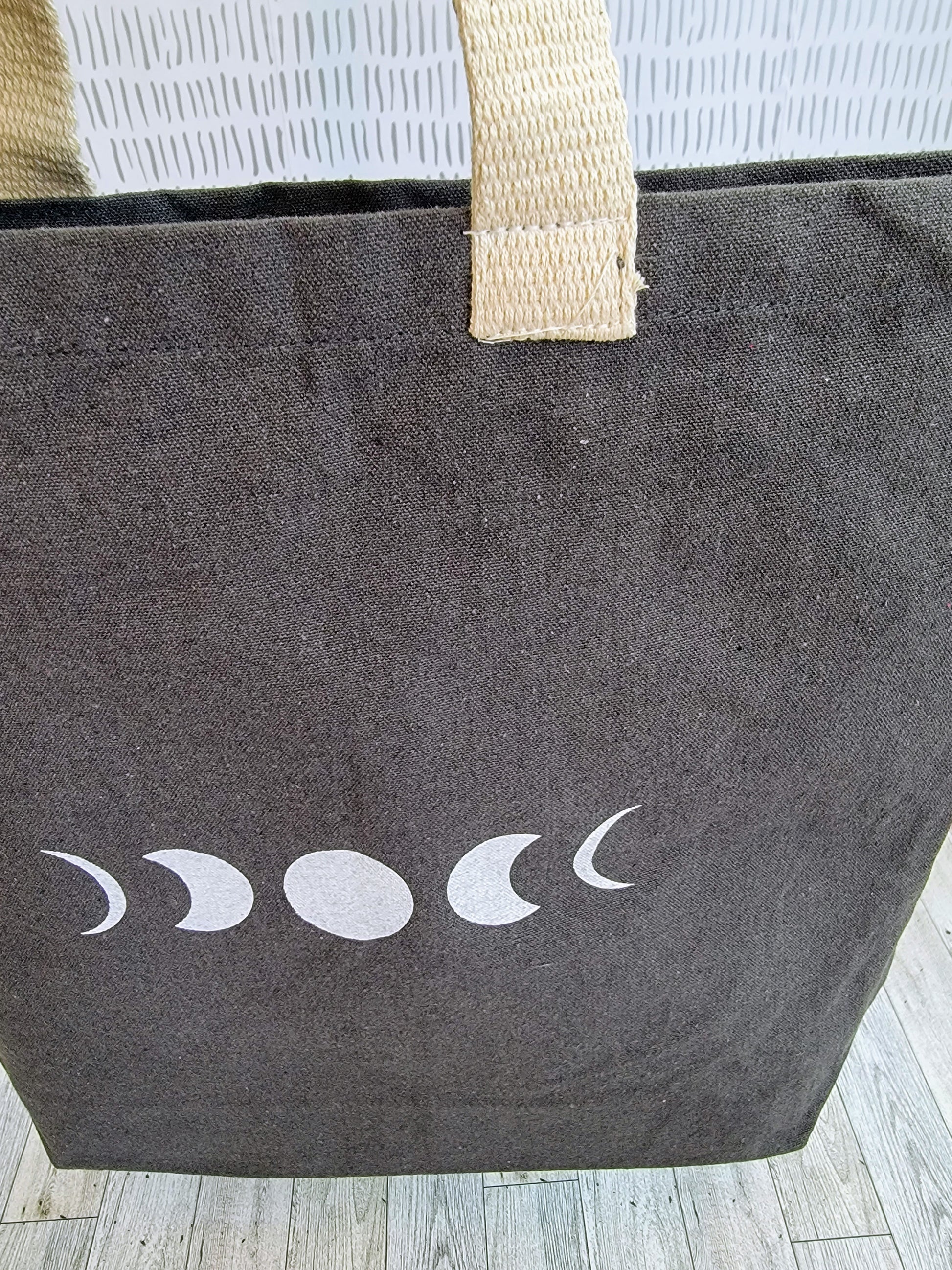 Moon Phases Recycled Canvas Tote Bag - Dark Grey with White Ink - Open Bag Shot