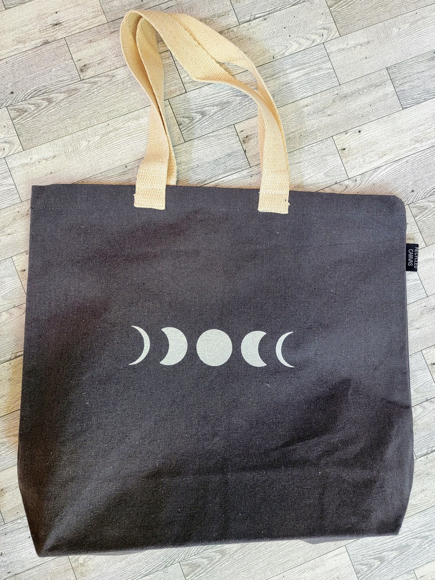 Moon Phases Recycled Canvas Tote Bag - Dark Grey with White Ink - Overhead Shot