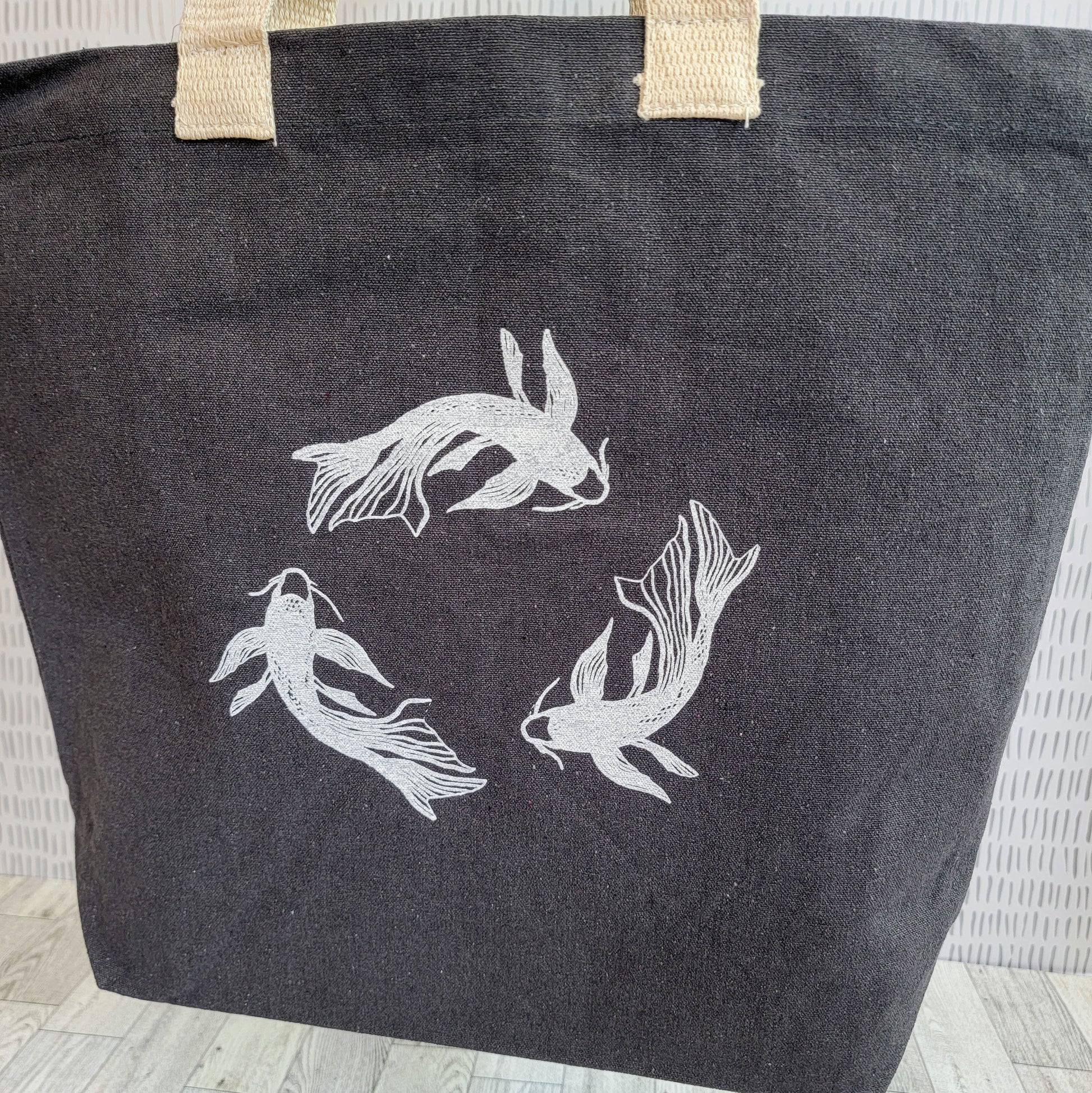 Koi Fish Recycled Canvas Tote Bag - White on Dark Grey - Front Shot