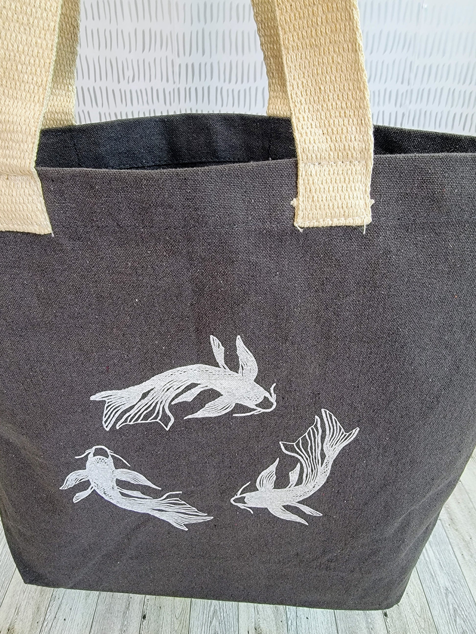 Koi Fish Recycled Canvas Tote Bag - White on Dark Grey - Open Bag Shot