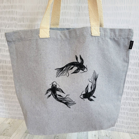 Koi Fish Recycled Canvas Tote Bag - Black on Dark Grey - Front Shot