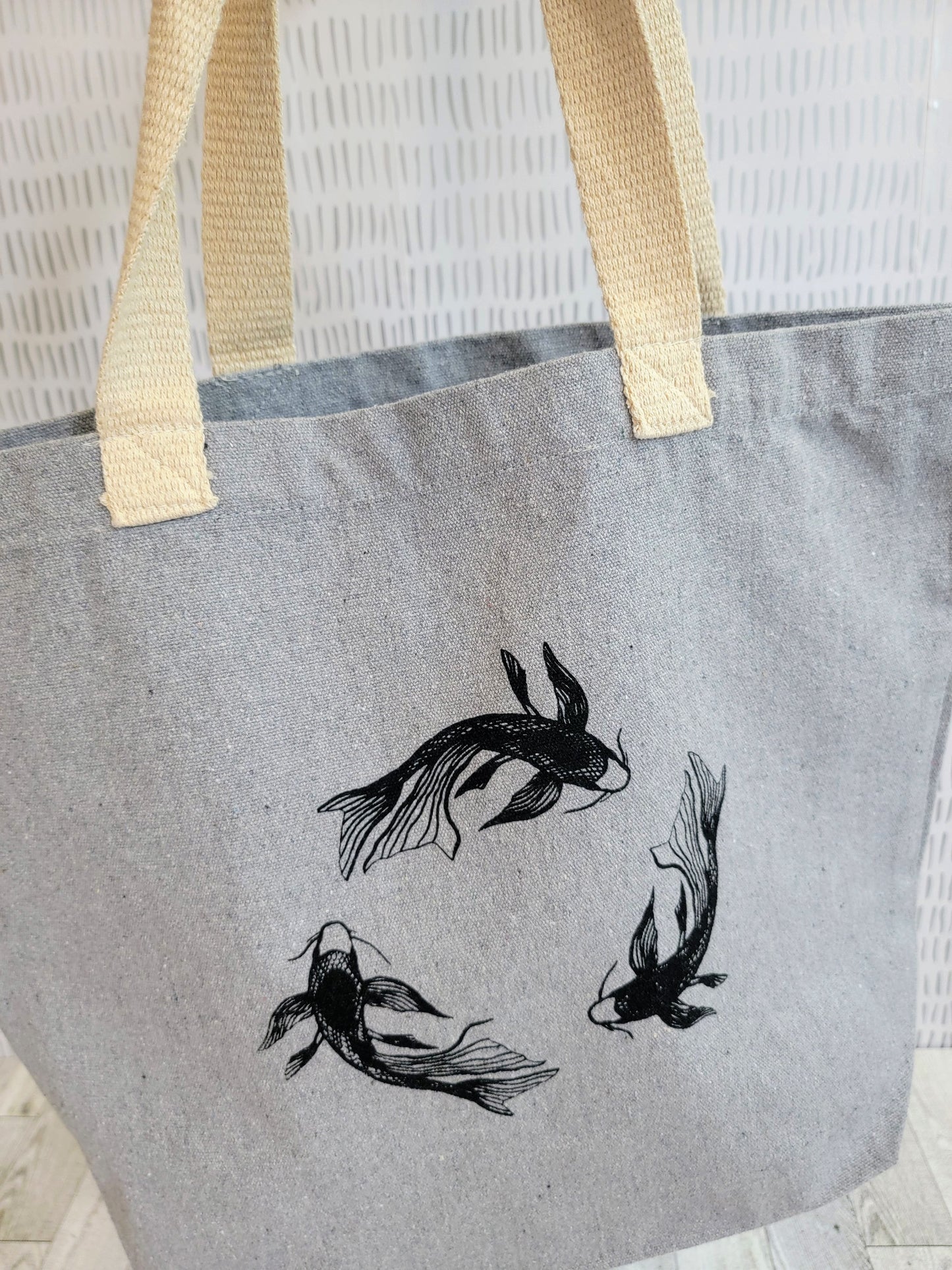 Koi Fish Recycled Canvas Tote Bag - Black on Dark Grey - Front Shot Angled