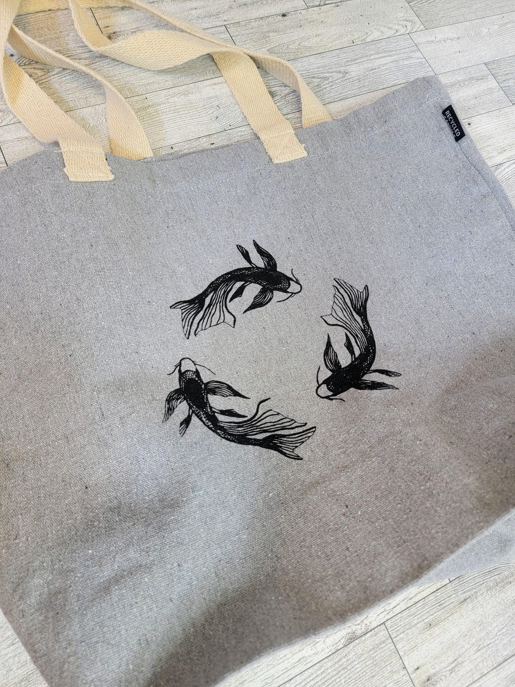 Koi Fish Recycled Canvas Tote Bag - Black on Dark Grey - Overhead Shot