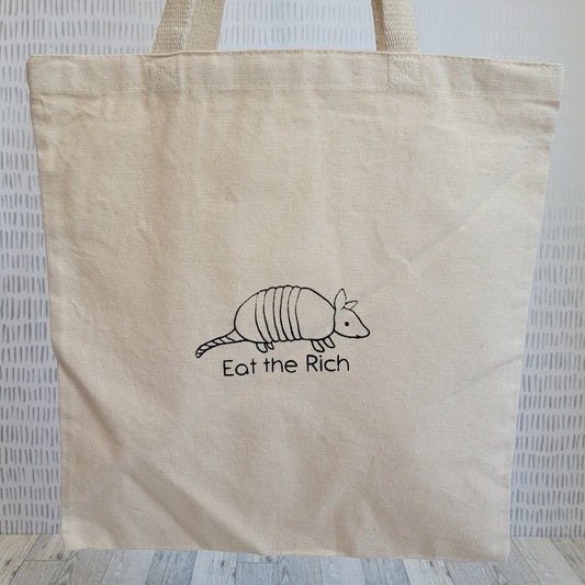 Eat the Rich Armadillo Screen Printed Canvas Tote Bag - Front Shot