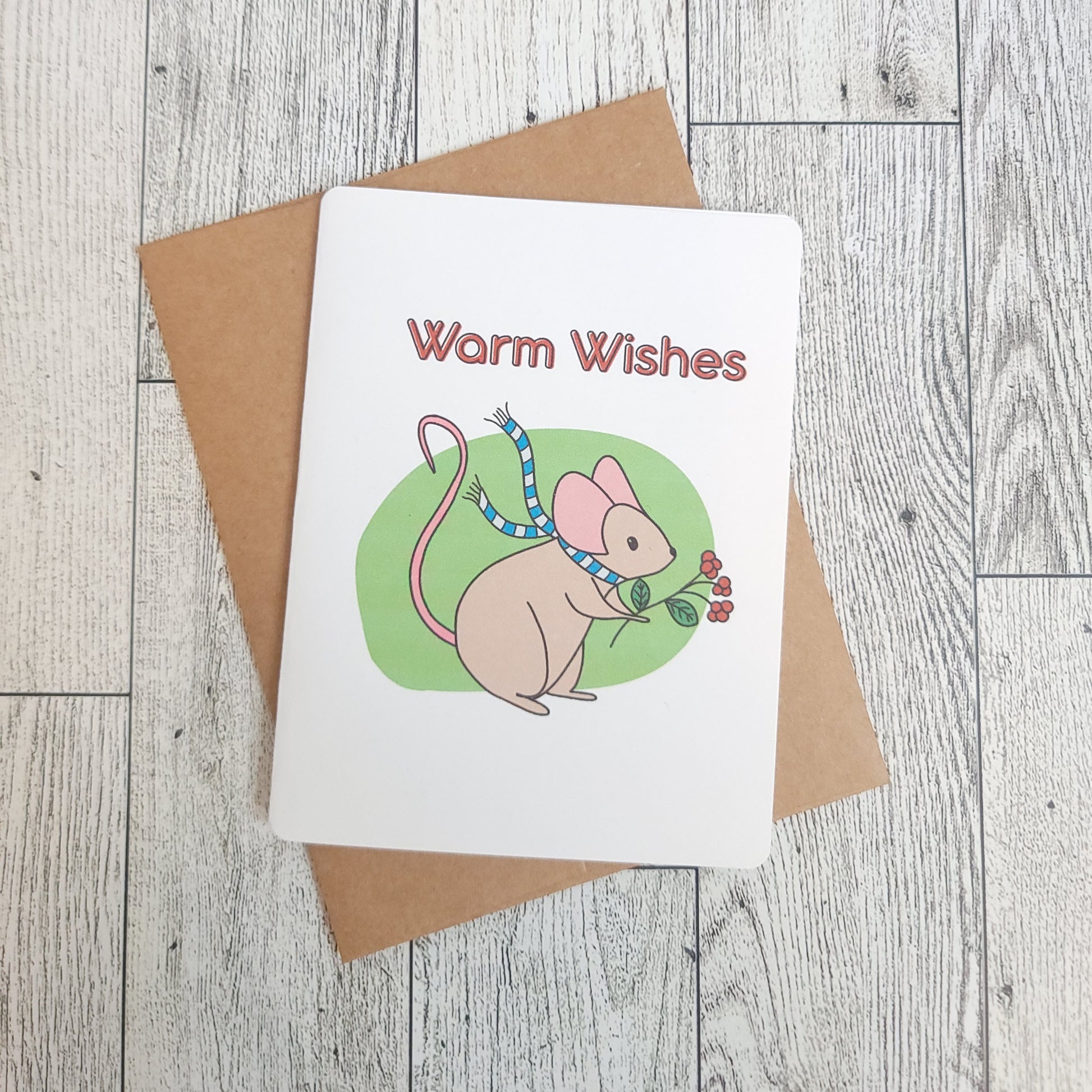 Warm Wishes Mouse Handmade Greeting Card - Recycled Paper and Kraft Envelop - Overhead Shot