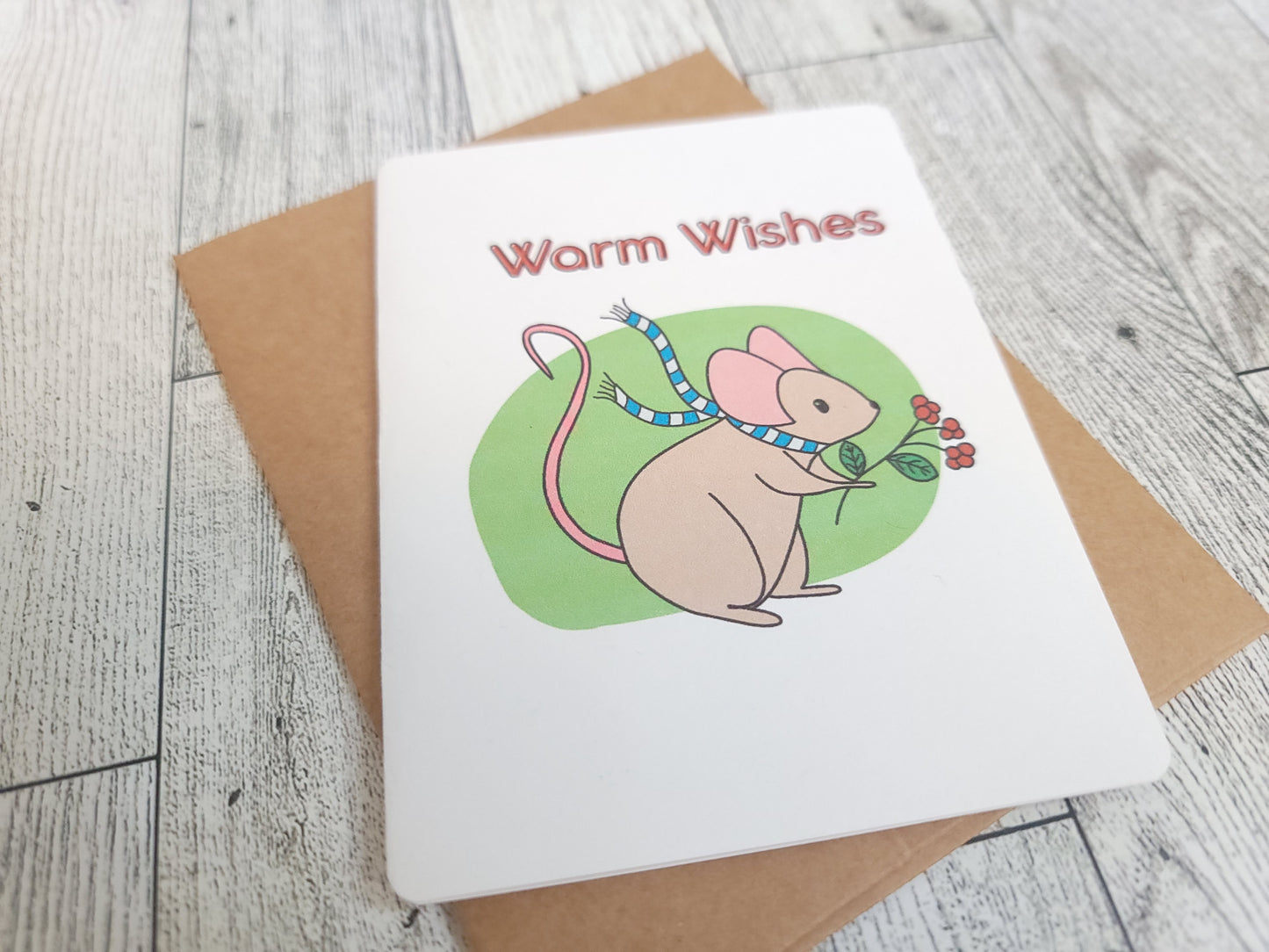 Warm Wishes Mouse Handmade Greeting Card - Recycled Paper and Kraft Envelop - Angled Shot