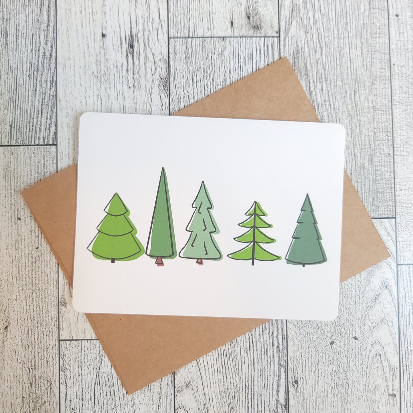 Pine Trees Handmade Greeting Card - Recycled Paper and Kraft Envelop - Overhead Shot