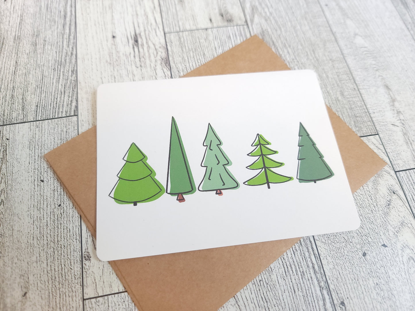 Pine Trees Handmade Greeting Card - Recycled Paper and Kraft Envelop - Overhead Shot 2