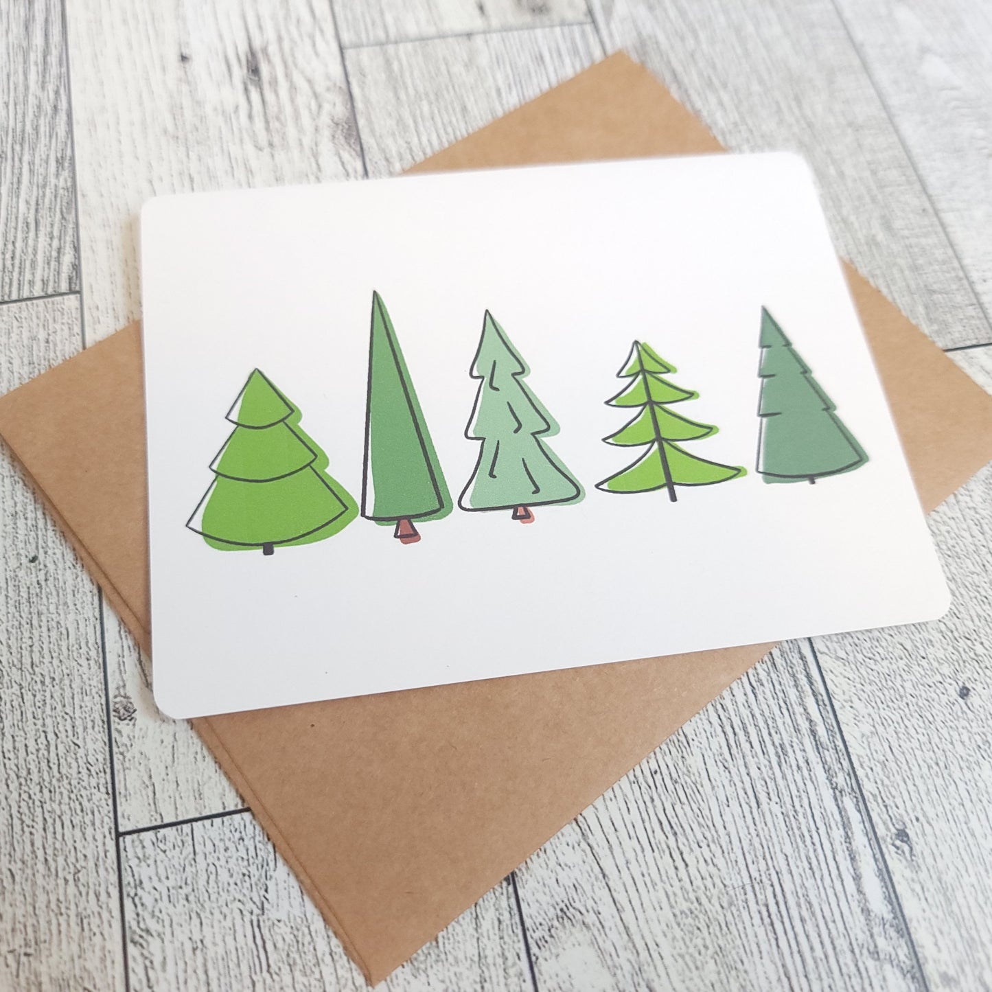 Pine Trees Handmade Greeting Card - Recycled Paper and Kraft Envelop - Overhead Shot 3